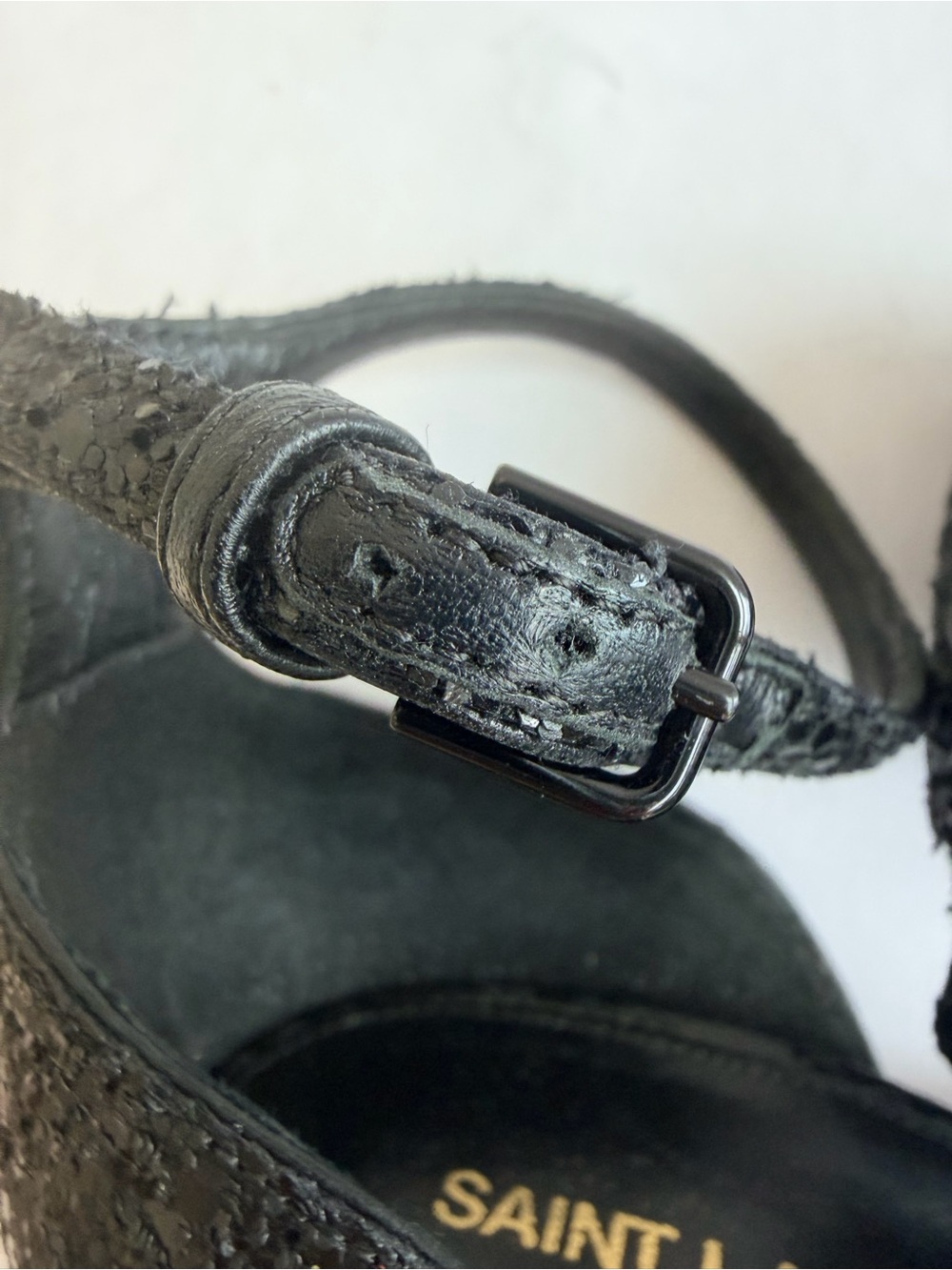 Saint Laurent Opyum Ankle Strap Sandals YSL Monogram Heel Black Glitter 39 - Picture 8 of 13